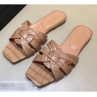 Top Design Saint Laurent Slide Sandal In Crocodile Textured With Intertwining Straps Y83801 Camel