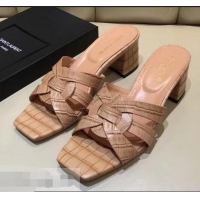 Lower Price Saint Laurent Heel Slide Sandal In Crocodile Textured With Intertwining Straps Y83802 Camel