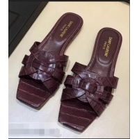 Reproduction Saint Laurent Slide Sandal In Crocodile Textured With Intertwining Straps Y83804 Burgundy