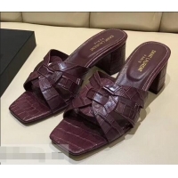 Faux Saint Laurent Heel Slide Sandal In Crocodile Textured With Intertwining Straps Y83805 Burgundy