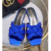 Top Grade Saint Laurent Nu Pieds Flat Slide Sandal with Crystal Y84004 Royal Blue