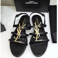 Inexpensive SAINT LAURENT PARIS CASSANDRA SANDALS Y93123 BLACK WITH GOLD LOGO