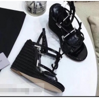 Discount Saint Laurent Heel 10.5cm Cassandra Wedge Espadrilles Sandals Y93618 Patent Black With YSL Logo 2019