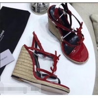 Cheap Saint Laurent Heel 10.5cm Cassandra Wedge Espadrilles Sandals Y93618 Patent Red With YSL Logo 2019