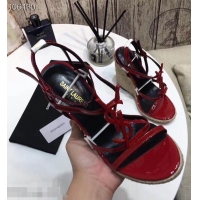 Cheap Saint Laurent Heel 10.5cm Cassandra Wedge Espadrilles Sandals Y93618 Patent Red With YSL Logo 2019