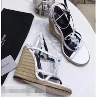 Imitation Saint Laurent Heel 10.5cm Cassandra Wedge Espadrilles Sandals Y93630 White With YSL Logo 2019