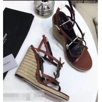 Spot Bulk Saint Laurent Heel 10.5cm Cassandra Wedge Espadrilles Sandals Y93630 Brown With YSL Logo 2019