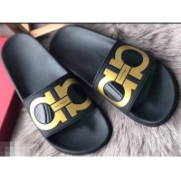 Top Quality Ferragamo PVC Gancini Slide Sandals F942904 Black/Gold 2019