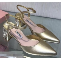 Top Quality MIU MIU CALFSKIN POINTY TOE DIAMOOND-STUDDED MM2220 GOLD SANDAL