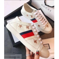 Cheapest Gucci Ace Leather Low-Top Lovers Sneakers Web Embroidered Bees and Stars G81642 White