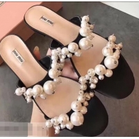 Traditional Discount Miu Miu Satin Flat Sandals with Pearls MM8935 Black