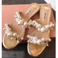 Super Quality Miu Miu Satin Flat Sandals with Pearls MM8935 Gold