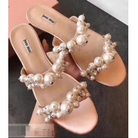 Hot Sell Miu Miu Satin Flat Sandals with Pearls MM8935 Nude