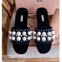 Buy Inexpensive Miu Miu Velvet Flat Sandals with Pearl MM8124 Black