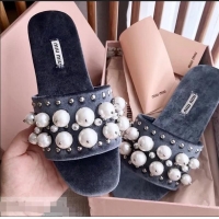 Promotional Miu Miu Velvet Flat Sandals with Pearl MM8124 Blue