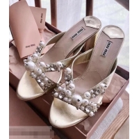 Top Design Miu Miu Laminated Leather Sandals with Pearls 60mm Heel Y8128 Pale Gold