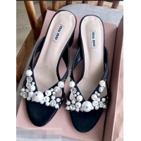 Most Popular Miu Miu Laminated Leather Sandals with Pearls 60mm Heel Y8128 Black