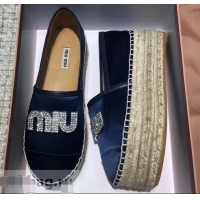 Good Product Miu Miu Velvet Crystal Logo Platform Espadrilles MM81001 Dark Blue