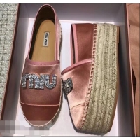 Noble Miu Miu Velvet Crystal Logo Platform Espadrilles MM81001 Nude Pink