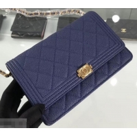 Good Looking Chanel Grained Leather Boy Wallet On Chain WOC Bag A80287 Navy Blue/Gold