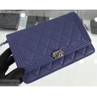 New Design Chanel Grained Leather Boy Wallet On Chain WOC Bag A80287 Navy Blue/Silver