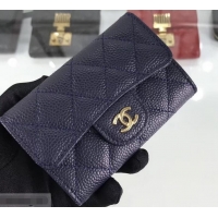 Luxury Chanel Grained Leather Classic Flap Card Holder A80799 Navy Blue/Gold