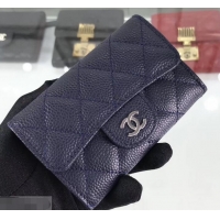 Stylish Chanel Grained Leather Classic Flap Card Holder A80799 Navy Blue/Silver