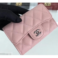 Sumptuous Chanel Grained Leather Classic Flap Card Holder  A80799 Pink/Silver