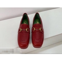 Cheapest Gucci Heel 4.5cm Leather Platform Loafers With Horsebit G98202 Red 2019