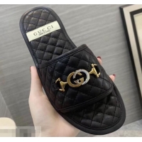 Duplicate Gucci Quilted Slide Sandals with Interlocking G Horsebit 577680 Leather Black 2019