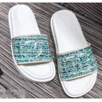 Shop Cheap Chanel Tweed and PVC Mules Slipper Sandals G96401 Turquoise 2019