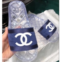 Fake Chanel CC Logo Transparent PVC Shower Shoes Mules Slipper Sandals G96411 Towel Blue 2019