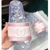 Low Price Chanel CC Logo Transparent PVC Shower Shoes Mules Slipper Sandals G96411 Towel Pink 2019