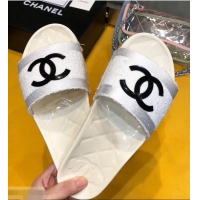 Discount Chanel CC Logo Transparent PVC Shower Shoes Mules Slipper Sandals G96411 Towel White 2019