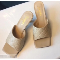 Hot Sale Chanel Heel 6.5cm Square Toe Quilting Mules G96415 Beige 2019