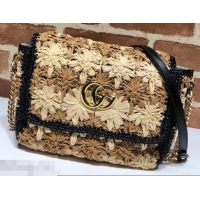 Best Luxury Gucci GG Marmont Raffia With Crochet Flower Small Shoulder Bag 574433 Beige/Black 2019