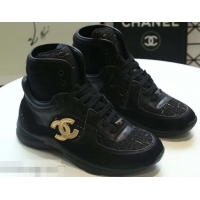 Famous Brand Chanel CC Logo High-top Sneakers G35060 Suede Tweed Black 2019