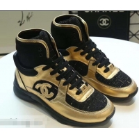 Popular Style Chanel CC Logo High-top Sneakers G35060 Tweed Gold/Black 2019