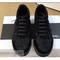 Grade Low Cost Chanel Camellia Embroidery Lace-Ups G34815 Black 2019