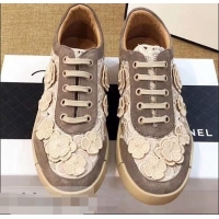 Unique Discount Chanel Camellia Embroidery Lace-Ups G34815 Coffee 2019