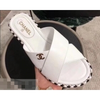 Low Price Faux Chanel CC Logo Crossover Mules G35019 White 2019