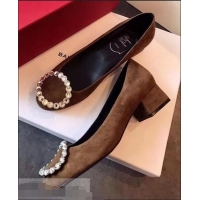 Wholesale Roger Vivier Suede Crystal Round Buckle Pumps R8328 Khaki 2018