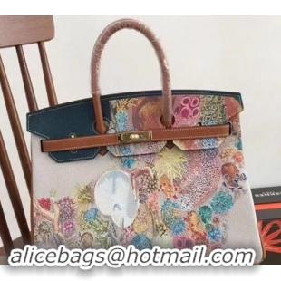 Luxury Hermes Birkin 35 Bag in Print Leather 630119 Brown/Blue