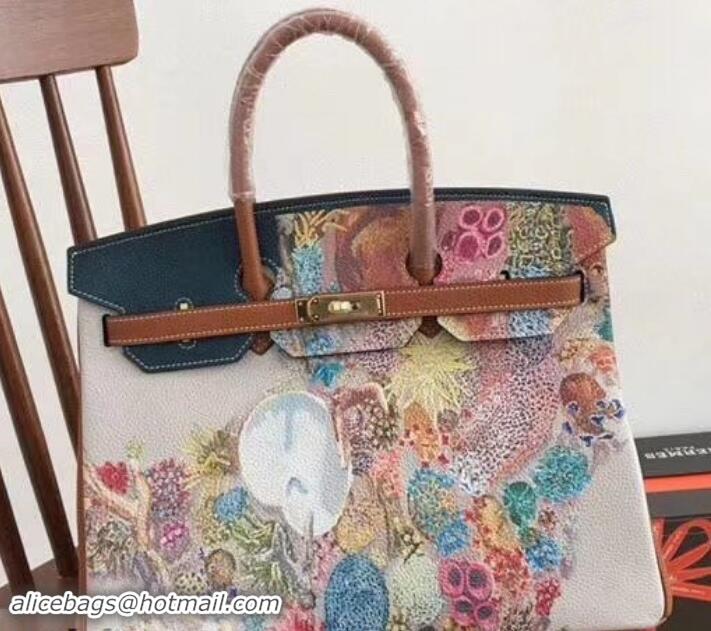 Luxury Hermes Birkin 35 Bag in Print Leather 630119 Brown/Blue