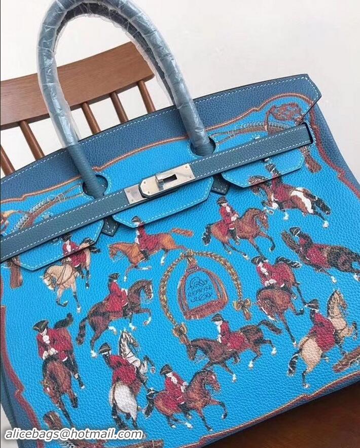 Stylish Hermes Birkin 35 Bag in Print Leather 630119 Blue