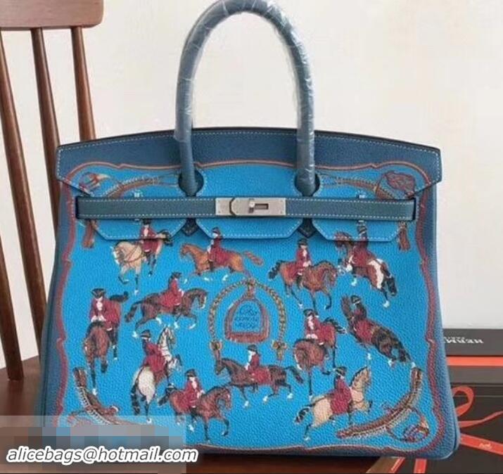 Stylish Hermes Birkin 35 Bag in Print Leather 630119 Blue