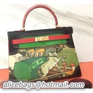 Stylish Hermes Kelly 32 Bag in Print Leather 630120 Black/Red/Suede Green