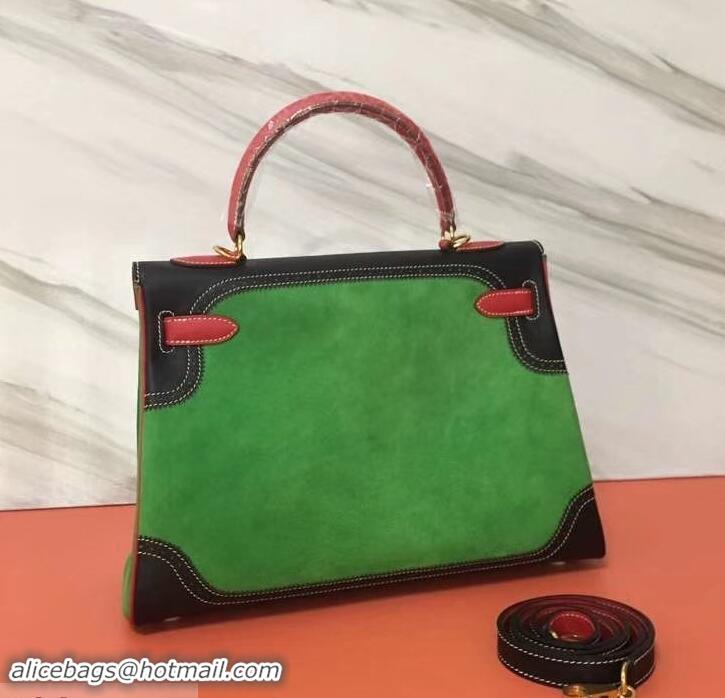 Stylish Hermes Kelly 32 Bag in Print Leather 630120 Black/Red/Suede Green