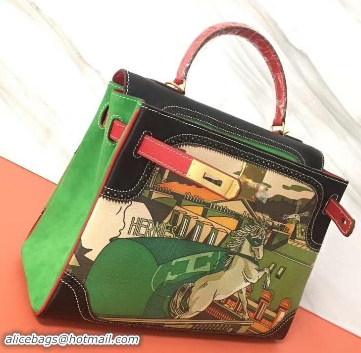 Stylish Hermes Kelly 32 Bag in Print Leather 630120 Black/Red/Suede Green