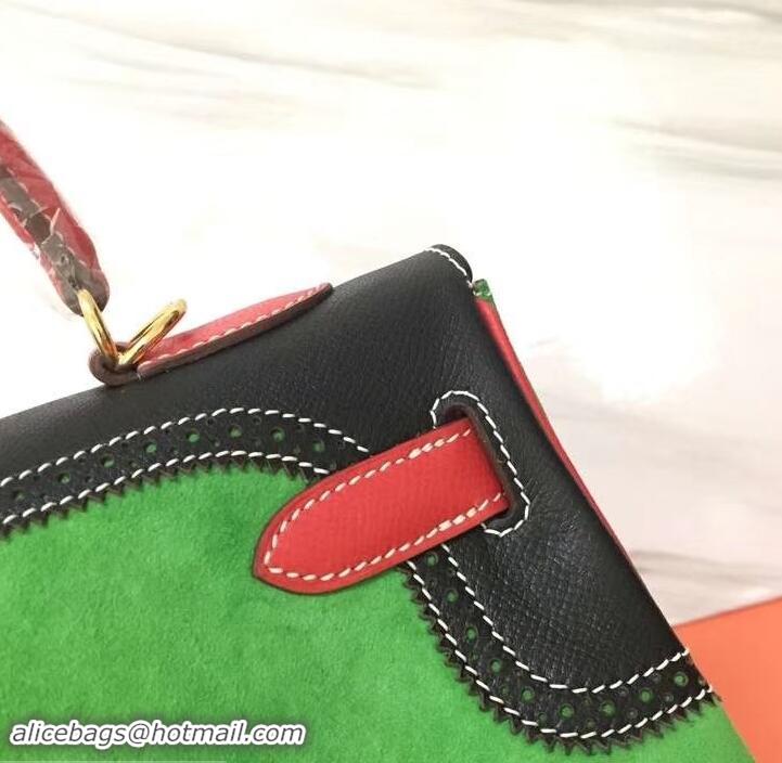 Stylish Hermes Kelly 32 Bag in Print Leather 630120 Black/Red/Suede Green